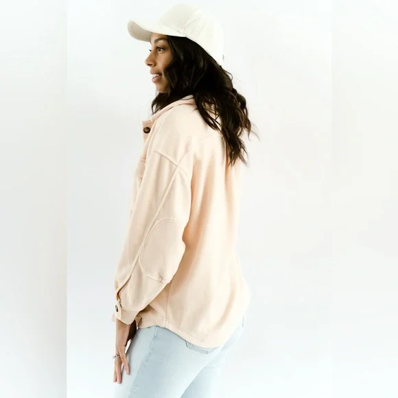 Zenana All About the Fleece Lightweight Button-Down Shacket soft peach medium - Picture 4 of 5